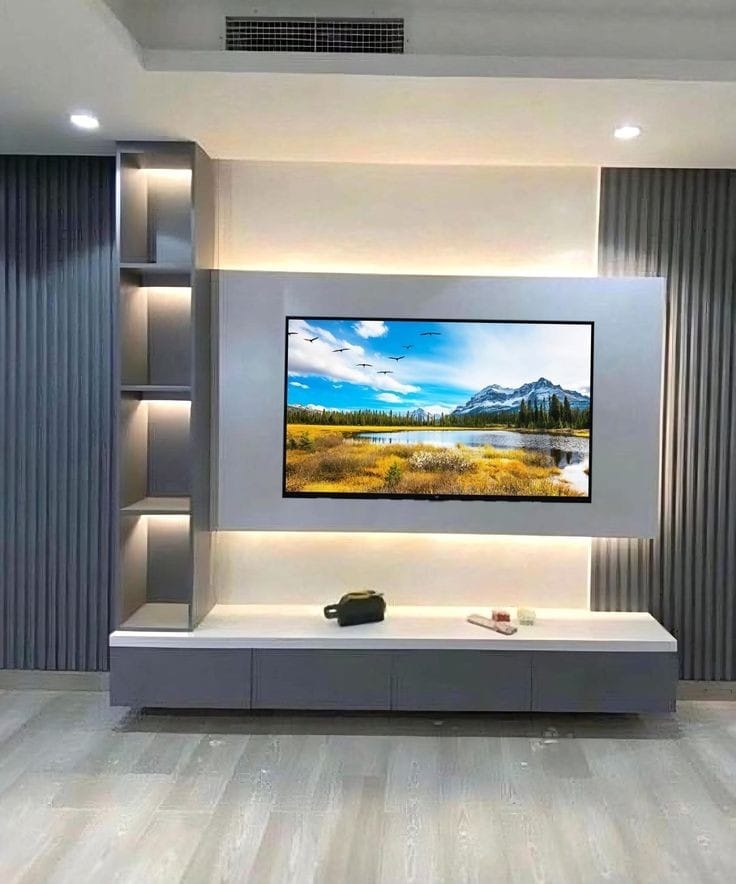 Minimal grey & white floating TV unit with cove-lit niche and slat side panels